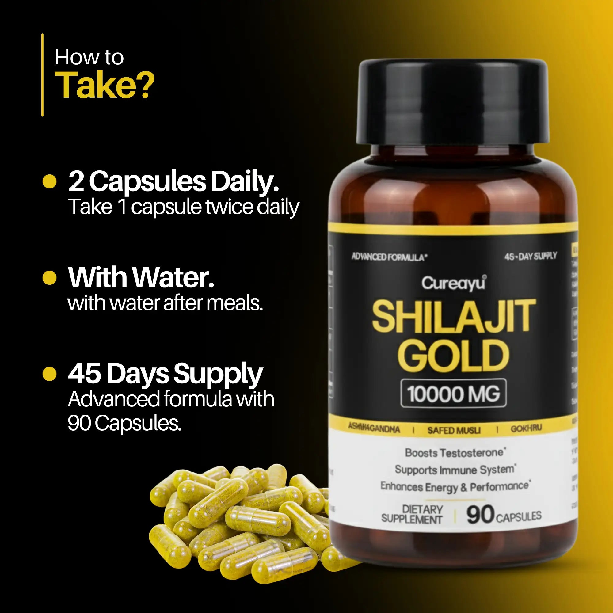 Himalayan Shilajit Gold Capsules | Boost Testosterone, Energy, Performance, & Stamina | 2 Capsules Daily